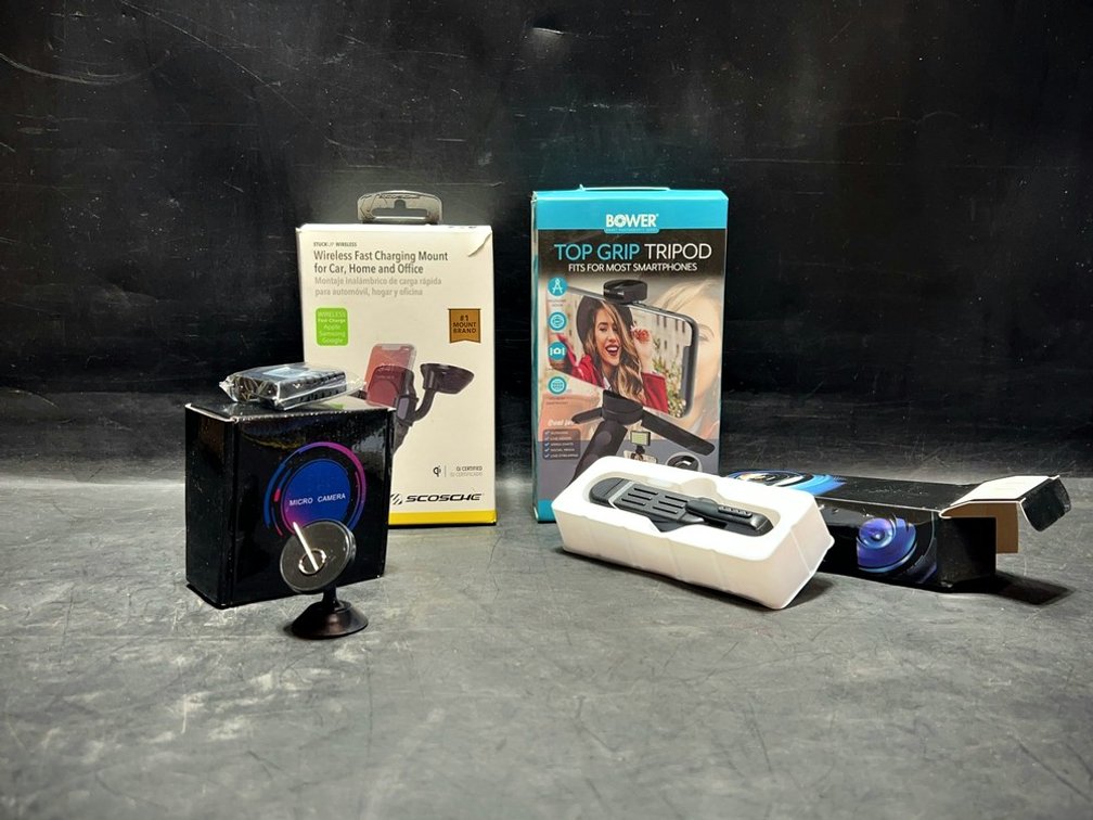 Camera With Accessories, Scosche Mount, Bower Tripod