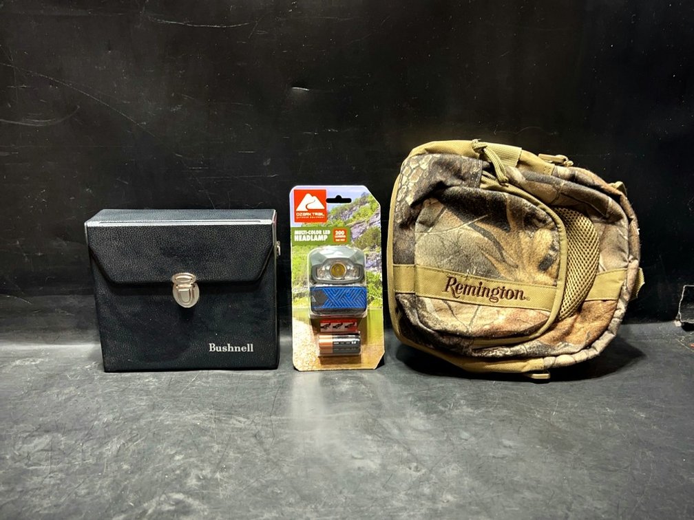Bushnell Binoculars, Ozark Trail Headlamp, Remington Bag