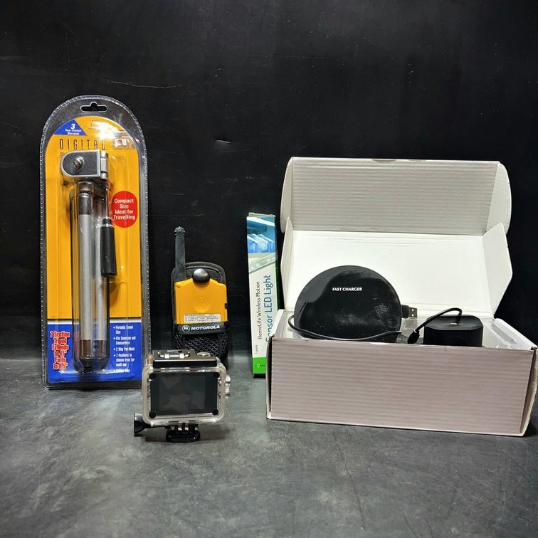 Electronics Lot: Tripod, Walkie, Light, Charger, Cam
