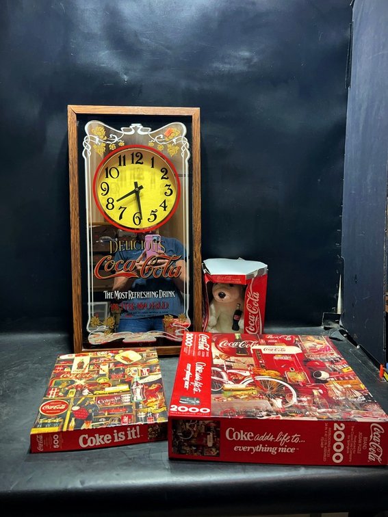 Coca-Cola Clock, Puzzles, and Plush Bear Set