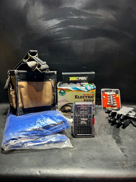 Tool Bag, Tarpaulin, Pump, Bit Sets, Gloves, TacPen
