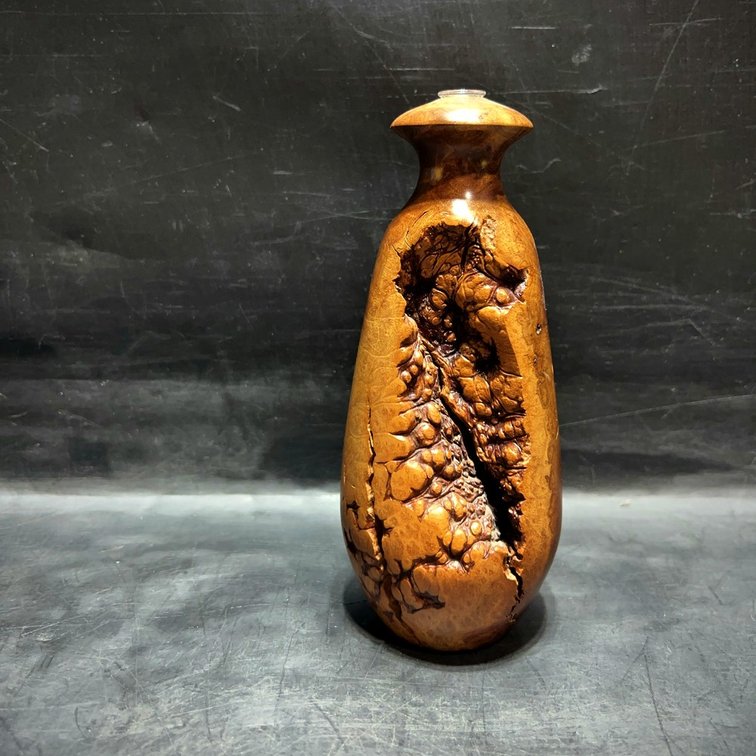 Artisan Carved Wood Vase With Natural Burl