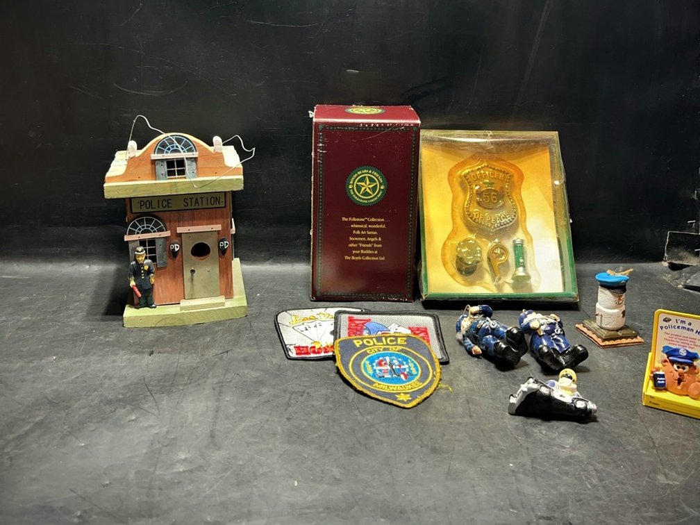 Police Figurines, Badges, and Patches Lot