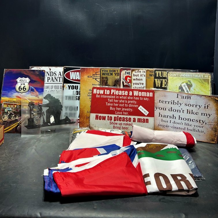 10 Metal Signs and 6 Various Flags