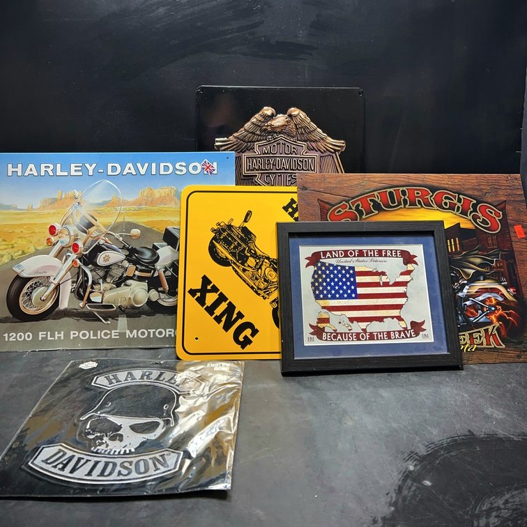 Harley-Davidson Signs, Patch, Framed Art Lot