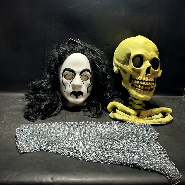 Halloween Mask, Skull Prop and Chainmail Hood