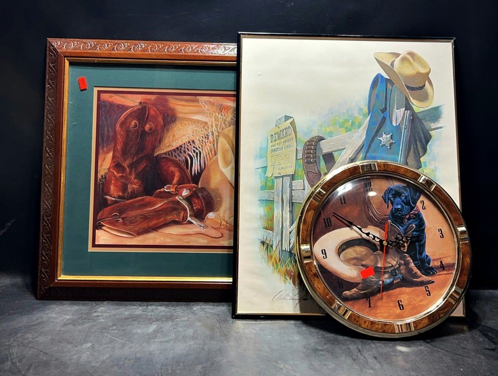 Western Decor Lot: 2 Prints & Cowboy Puppy Clock