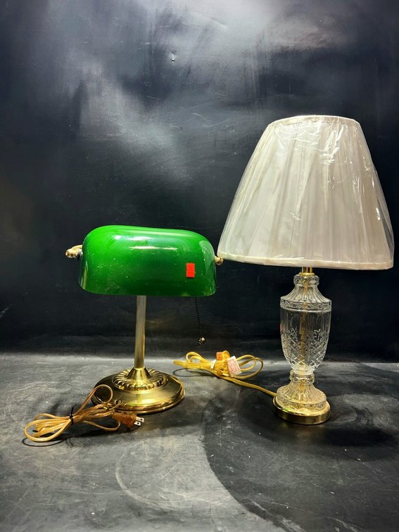 Green Glass Banker’s Lamp and Cut Glass Table Lamp