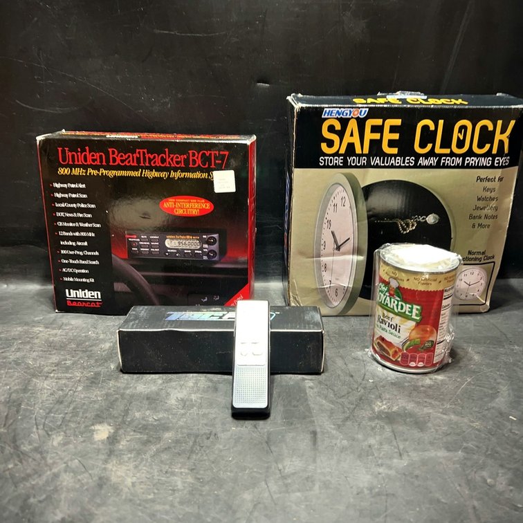 Uniden BCT-7 Radio, Safe Clock, Voice Recorder, Can Safe