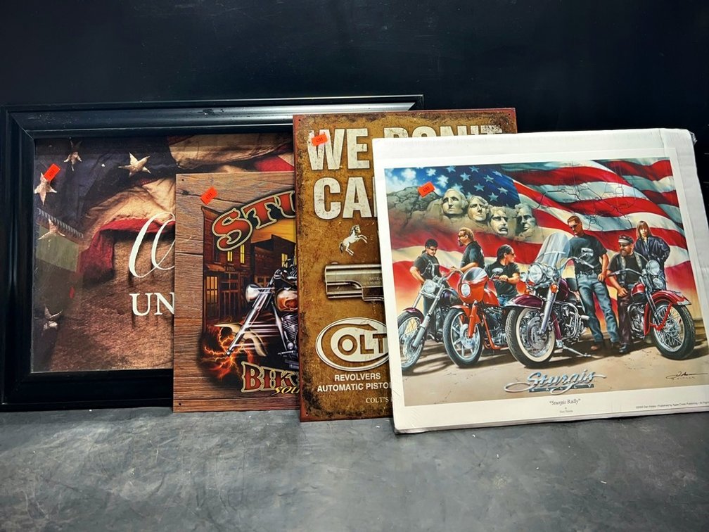 Patriotic and Motorcycle Wall Art Lot, 4 Pieces