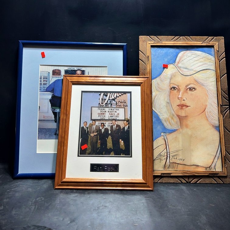Framed Art Trio: Rockwell, Rat Pack, Portrait