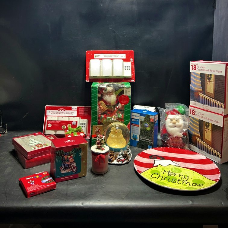 Holiday Decor Lot: Plates, Lights, Cards, Figures