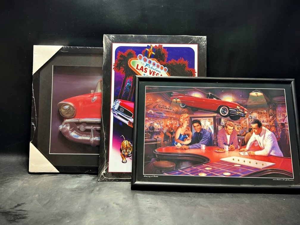 3 Framed Prints: Classic Car And Las Vegas Art