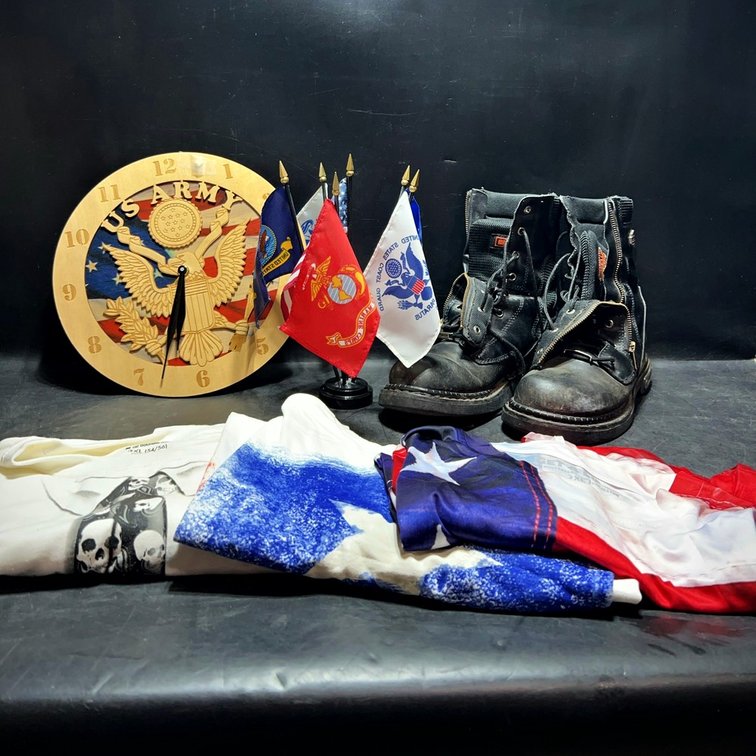 Patriotic Clock, Harley Boots, Shirts, Flags Lot