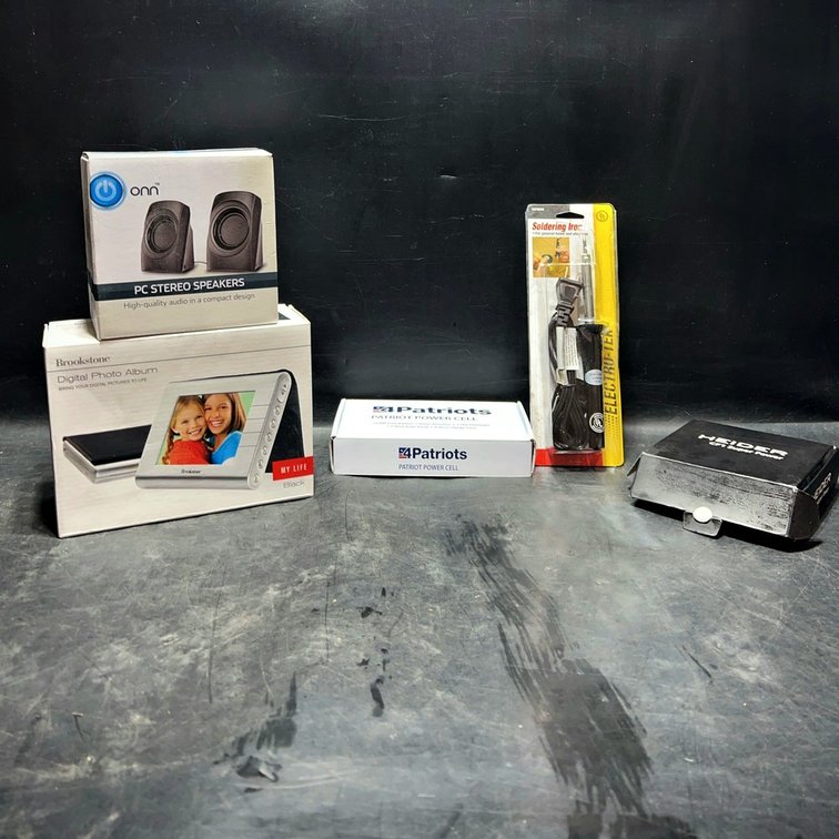 Electronics and Gadget Lot: Speakers, Power Cell, Tools