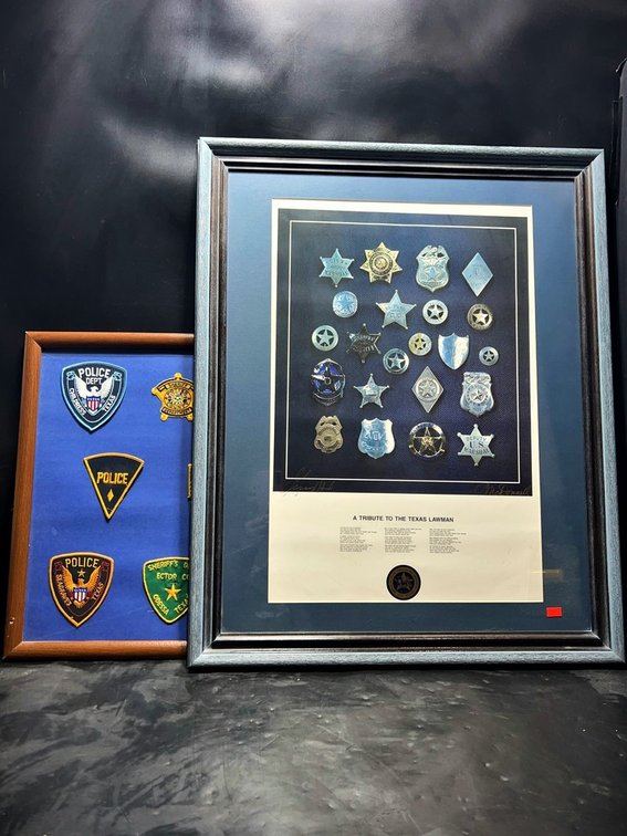 Framed Police Patch Display & Texas Lawman Print