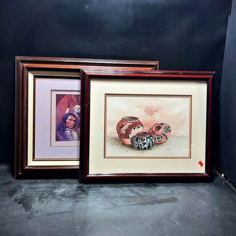 Pair Framed Art: Native Portraits & Pottery