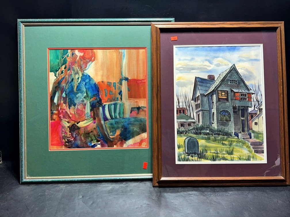 Pair Framed Artworks: Abstract Figure & House