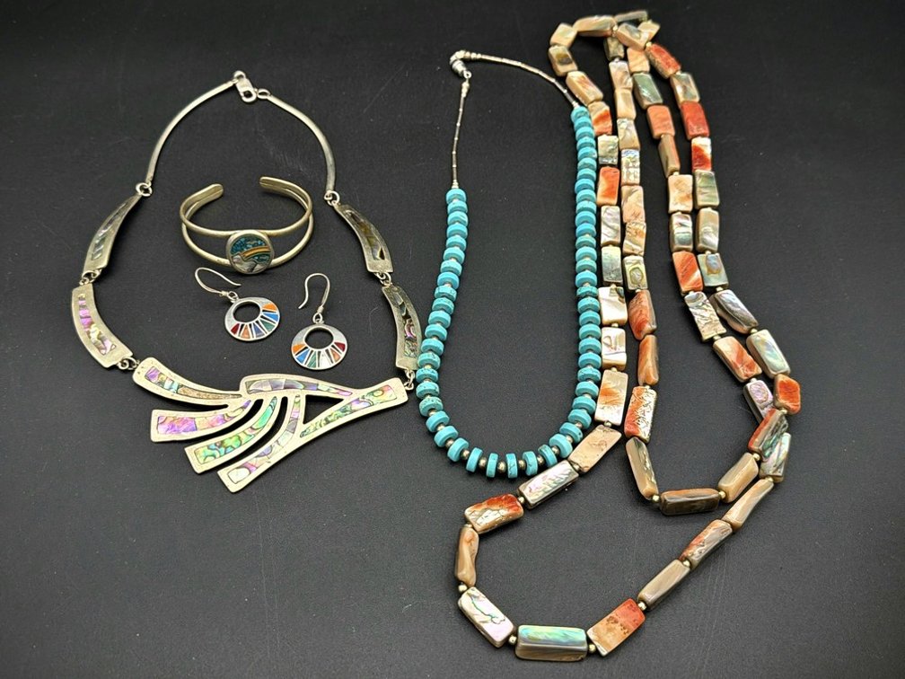 Mexican Sterling & Stone Inlay Jewelry Lot