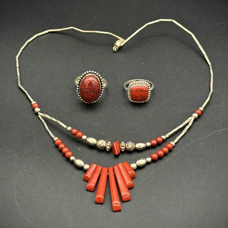 Coral and Sterling 925 Ring with another ring and necklace costume jewelry