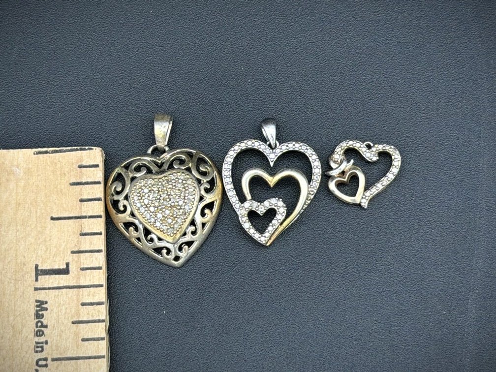 Three Heart-Shaped Pendant Charms, CZ Accents