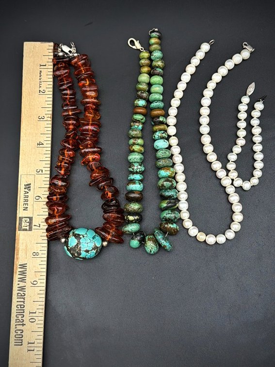 Three Bead Necklaces: Amber, Turquoise, Pearl