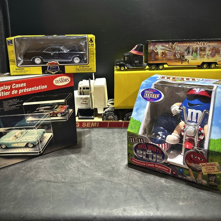 Diecast Car Lot and M&M Motorcycle Dispenser