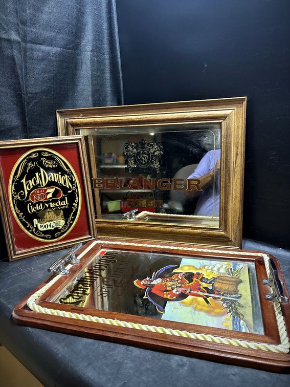 3 Framed Bar Mirrors: Jack Daniel's, Captain Morgan, Erlanger