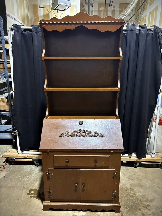 Wooden Secretary Desk With Hutch and Carving