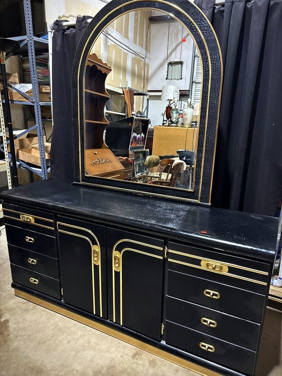 Black Dresser with Gold Trim and Large Mirror
