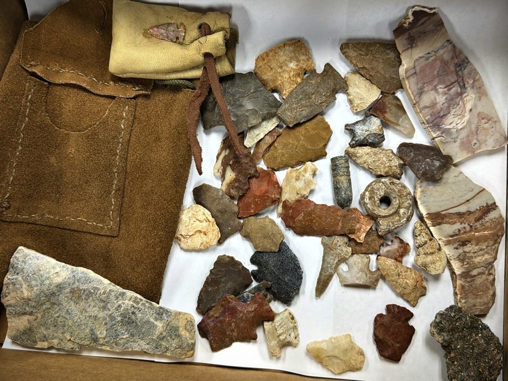 Stone Arrowheads, Relics, Leather Bags