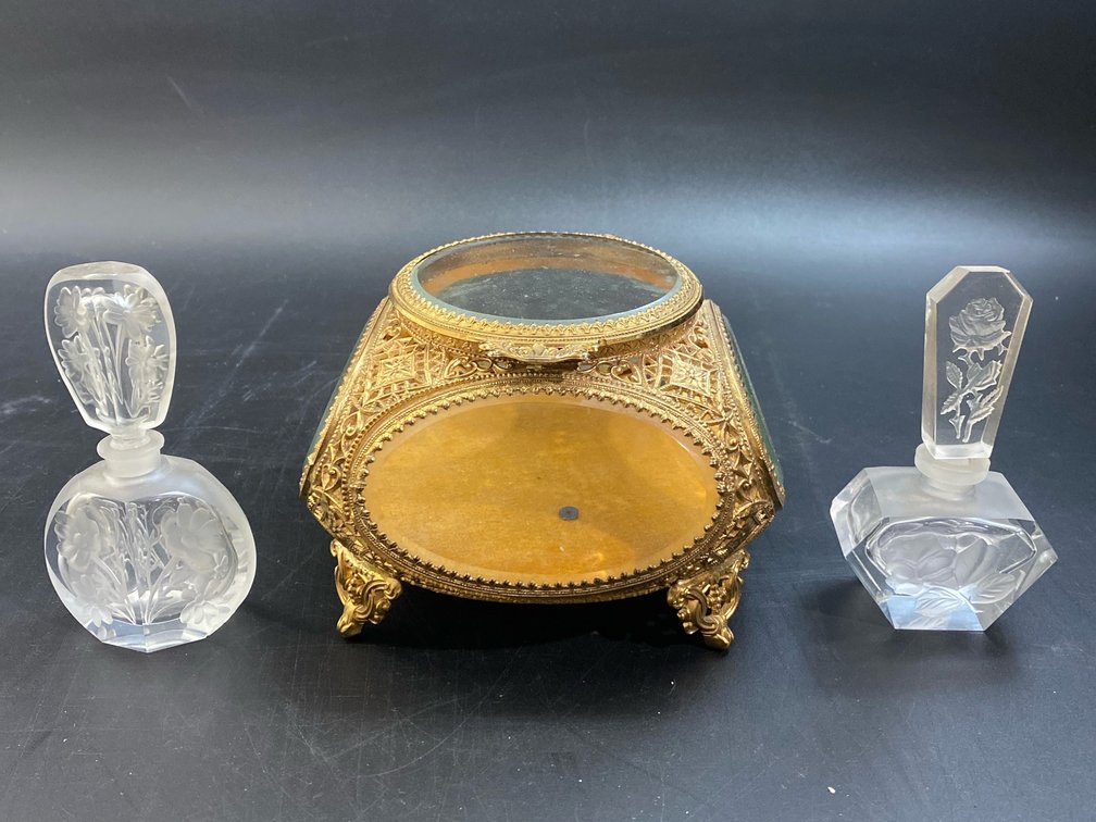 Vintage Ormolu Filigree Trinket Casket, Vintage glass perfume bottles