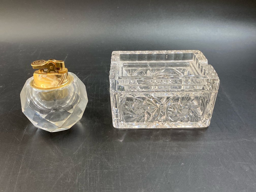 Vintage Bohemia Pinwheel and Star crystal cigarette box and ashtray and