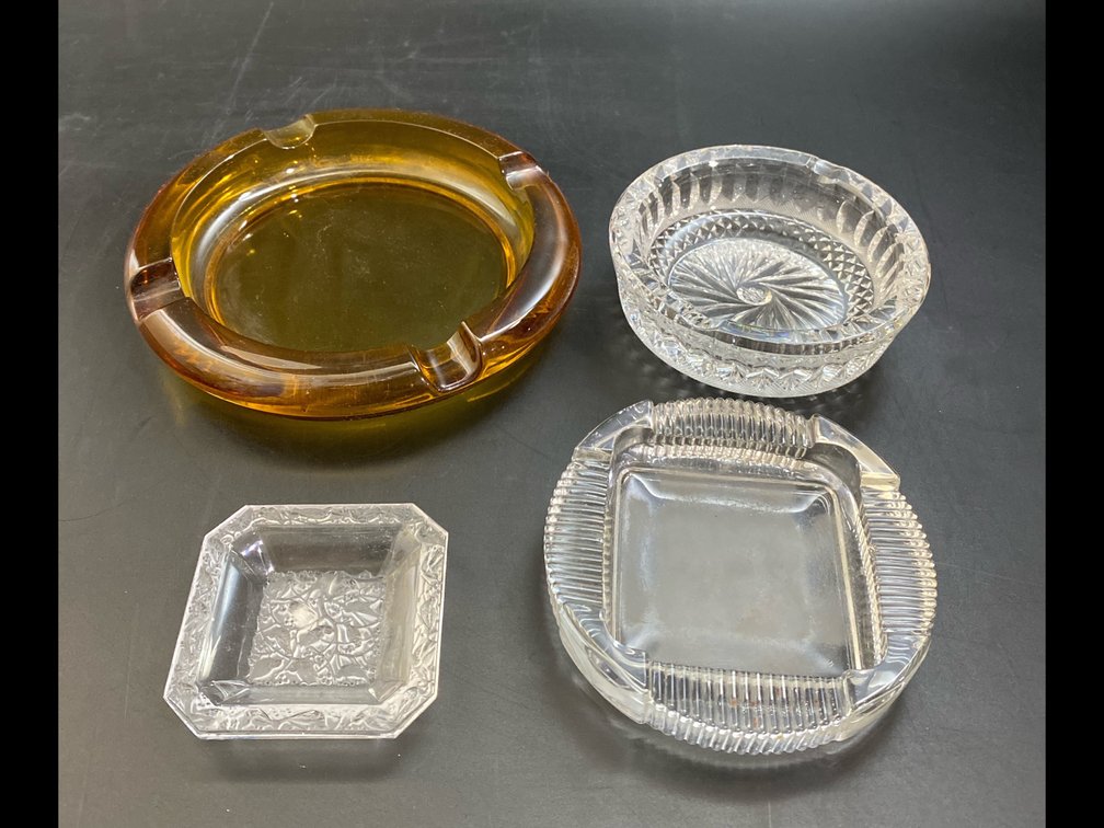 Lalique crystal dish, Vintage amber glass ashtray, and vintage clear glass ashtray 
