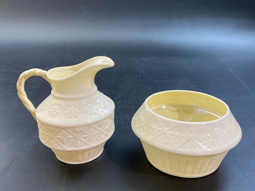 Belleek creamer and Open sugar bowl in Cleary pattern