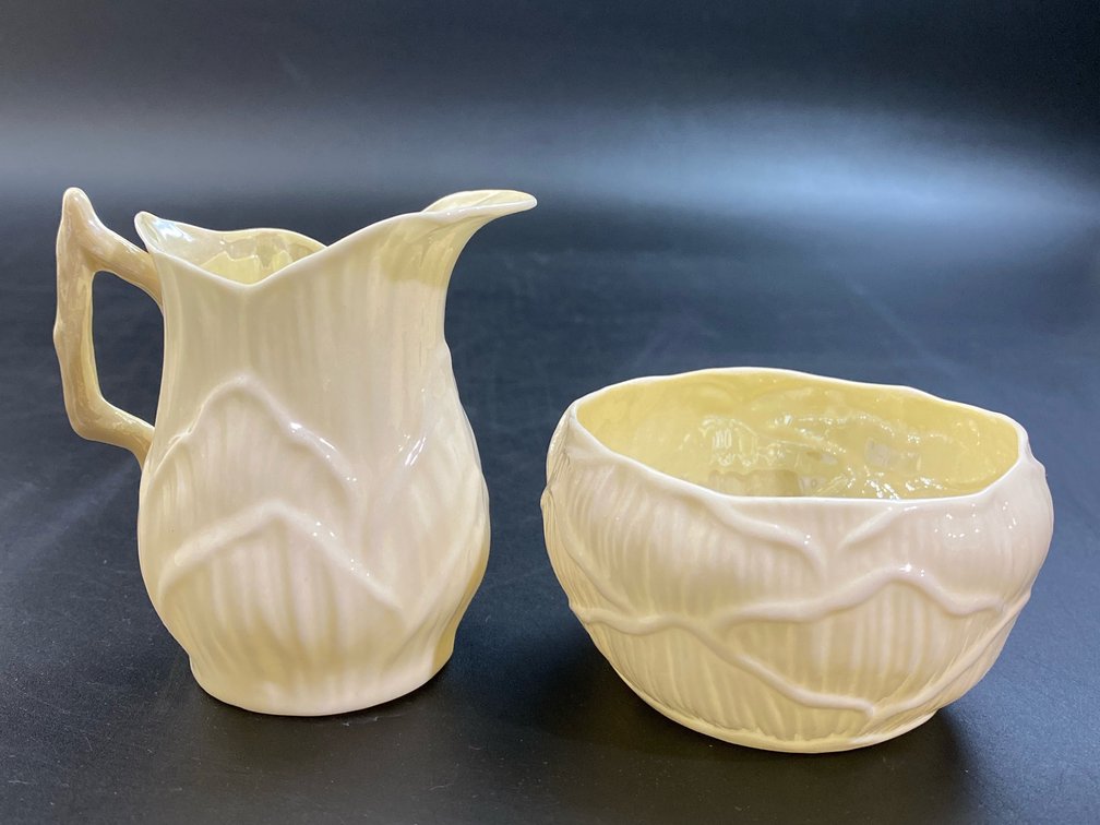 Belleek creamer and open sugar bowl Lilly white pattern 