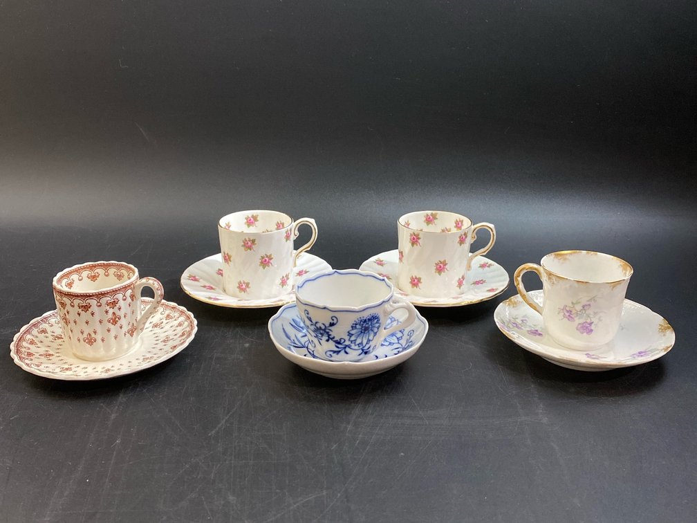 Tea Cups with matching saucers, Copeland Fluer-de-Lis, Meissen Blue Onion, Limoges, & Ansley bone china 