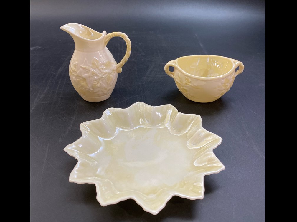 Belleek 12 point leaf dish, Belleek creamer and open sugar bowl Ivy Yellow