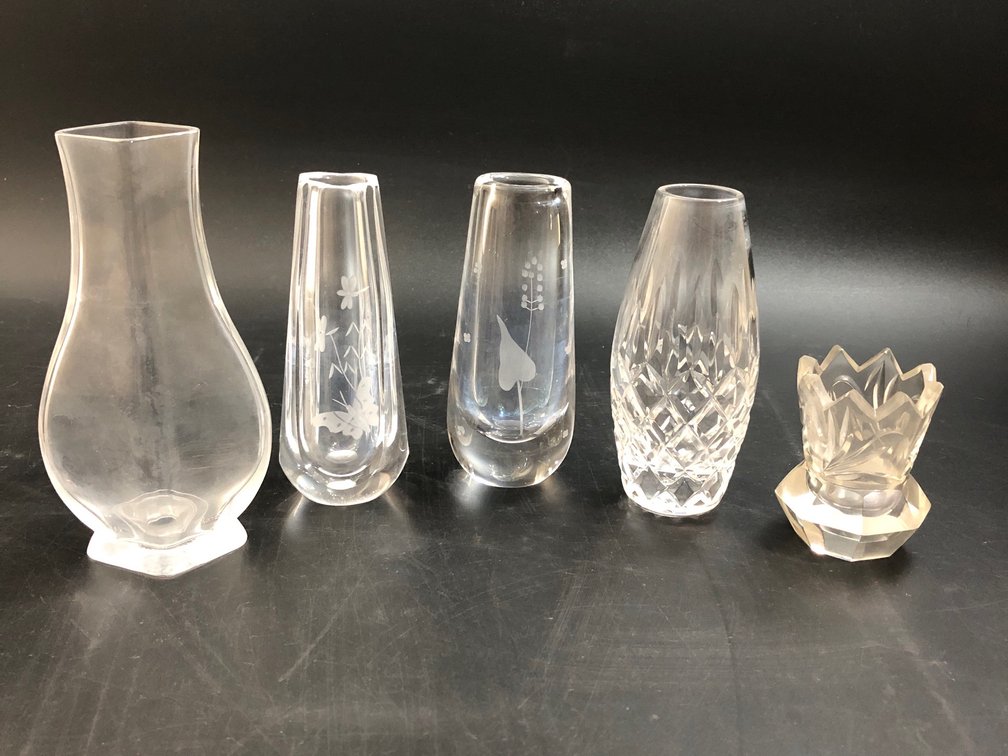 Baccarat crystal lotus vase, Orrefors crystal vases, Stuart Cambridge crystal Bud vase, & crystal toothpick holder