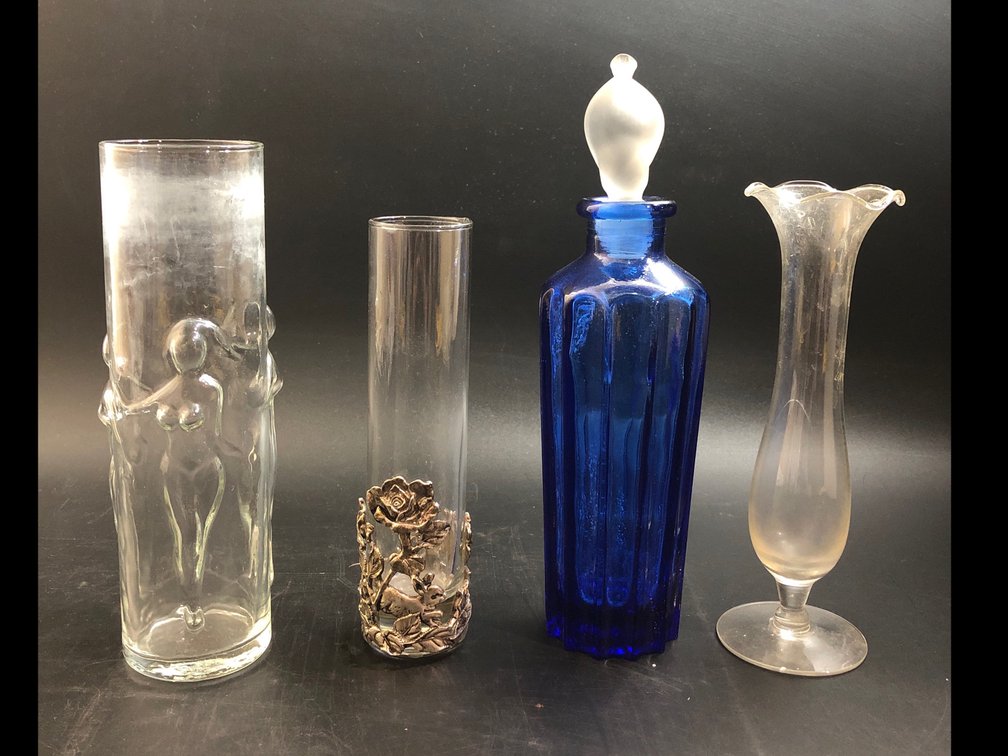 Libbey “La Femme” Glass, Arthur Court Glass Bud Vase, vintage cobalt blue bottle, & Art Glass vase