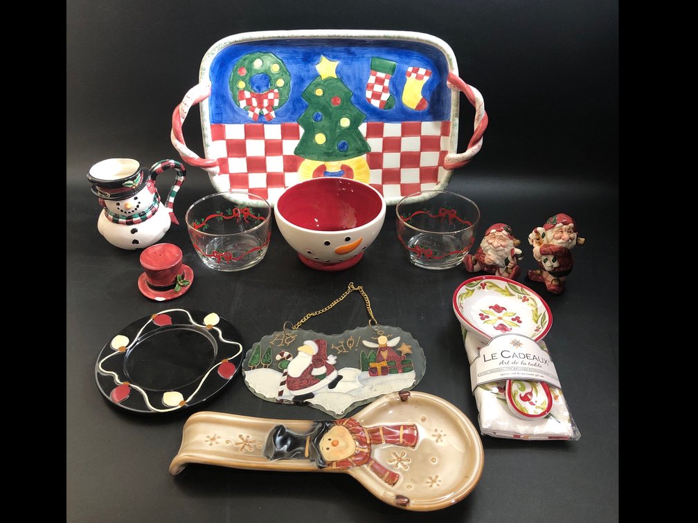 Christmas Decor and Kitchen Items, Serving tray, Spoon rests, plate, mug, salt and pepper shakers, bowls, etc.