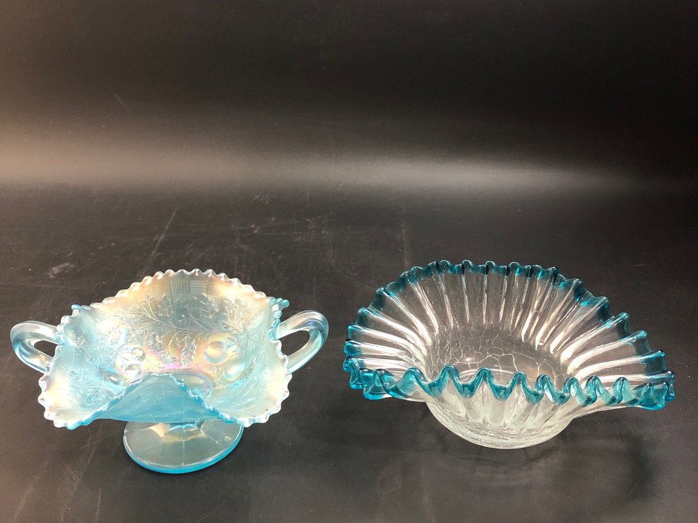 Northwood carnival glass footed dish, with Fenton bowl