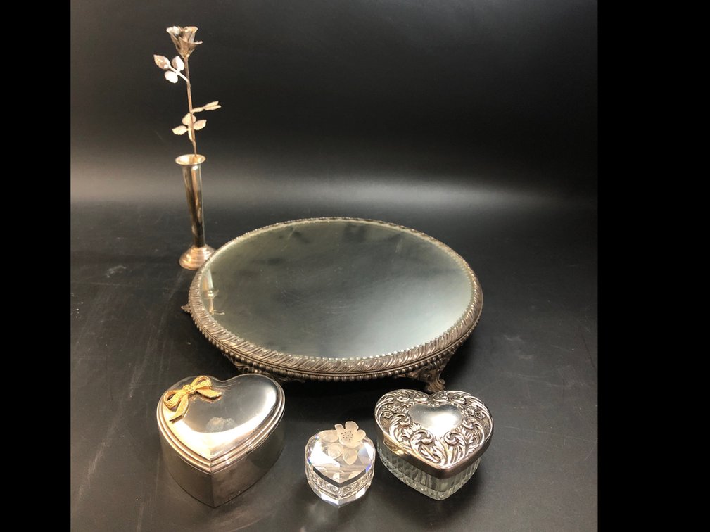 Pewter items, mirrored vanity tray, jewelry boxes, vase, and crystal jewelry box 