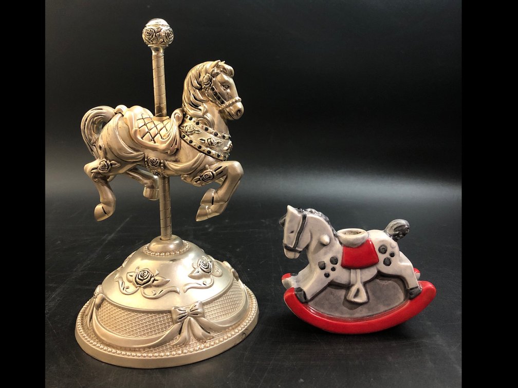 Wallace Sanyo silver plated Carousel horse music box & Goebel porcelain rocking horse