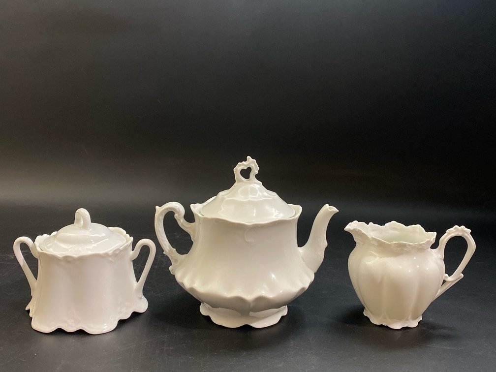 Haviland Sugar bowl, Royal Austria Teapot, and White porcelain glass creamer