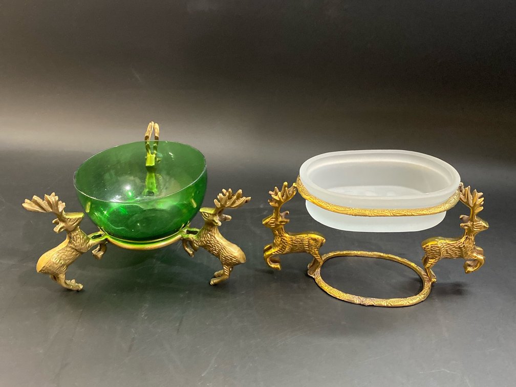 Brass MCM reindeer stand with green glass bowl, and soap dish 