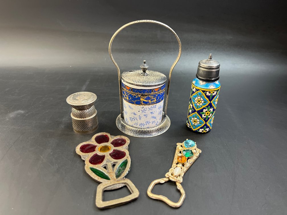 Vintage items, preserve pot, salt shaker, bottle openers, & flame spreader 