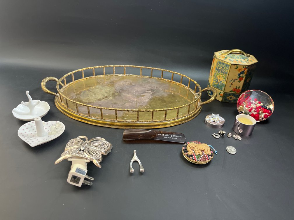 Vanity box, vintage brass bamboo tray, ring holders, shoe horn, compact mirror, 