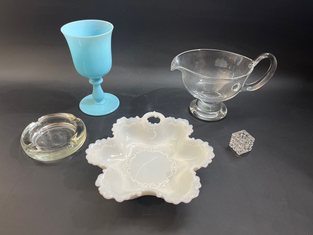 Crystal willams sonoma pitcher, Milk glass trinket dish, Baccarat stem glass, glass ash 