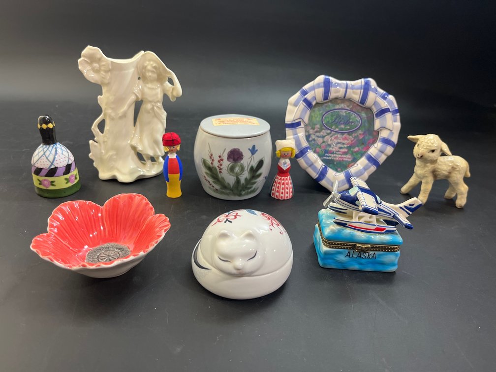 Porcelain goebel lamb, heart picture frame, trinket boxes, porcelain bell, candle holders, & figurines